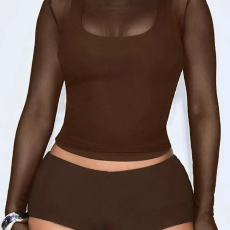Y2k 4 Piece Layered Outfit Set - Brown Crop Top & Shorts Set for Women