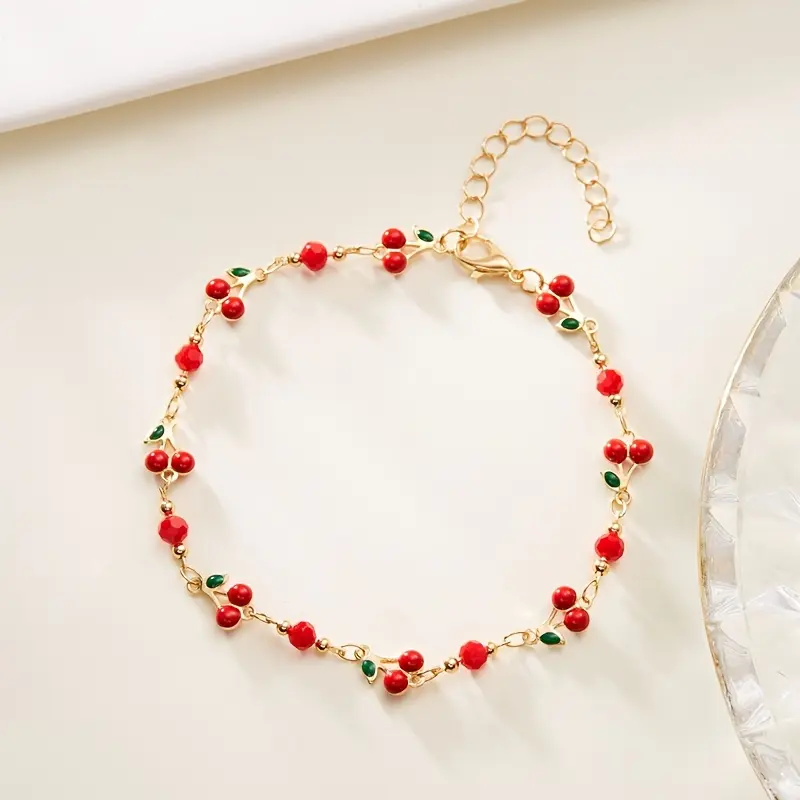 Women's Fashionable Cherry Pattern Anklet - Cute Look, Sexy Design, Stainless Steel Cuban Link Style, Suitable for Casual Wear