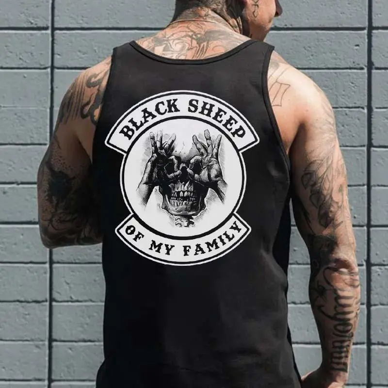 BLACK SHEEP OF MY FAMILY Skull With OK Black Print Tank Top- Tattoo Street Wear Casual Cotton Shirt, Unisex, Minimalist Style, Trending for Men & Women