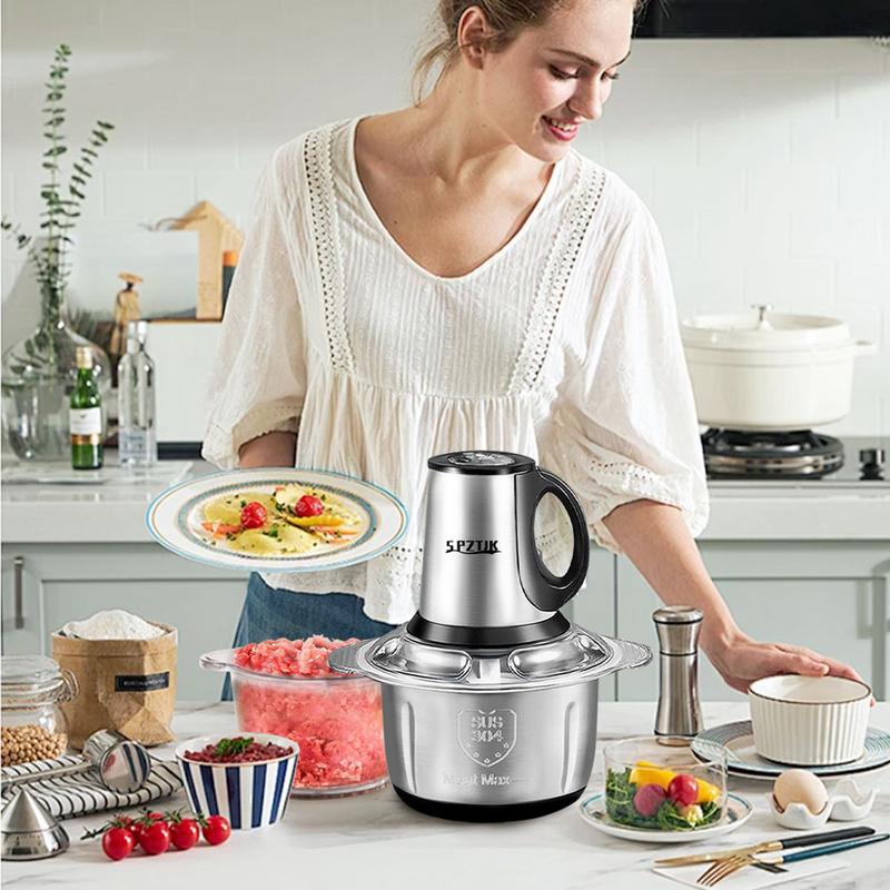 SPZTJK 2L Baby Food Processor & Meat Grinder - 2 Free Dishwasher-Safe Blades & Bowls, Pure Copper Motor for Homemade Puree/Nuts/Meat, BPA-Free & Quiet Design for Family Cooking