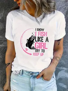 Women'S Fun Fishing T-Shirt- "I Know I Fish Like Trying to Keep Up" Slogan And Fish Pattern, Breathable Short Sleeve Top, Loose Round Neck Casual T-Shirt, Suitable for Female Fishing Enthusiasts, Suitable for All Seasons, Outdoor Fishing Gift