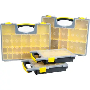 Storage Organizer Tool Box Set - Set of 4 Plastic Clear Top Parts, Craft, and Hardware Organizers with 3 Sized (Yellow/Black)
