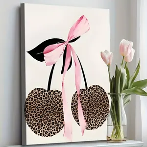1 Piece Framed Canvas Wall Art - Cherry and Leopard Print with Pink Bow, Waterproof and Durable 2D Flat Print, Solid Wood Frame and Hanging Accessories, Modern Bohemian Style Home Decoration, Suitable for Living Room, Bathroom Spring Festival Gift, Direct