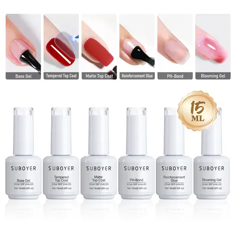 SUBOYER 6Pcs Nail function glue kit 15ML nail base glue tempered top oil strengthening glue PH-bond matte top oil smudge glue quick-drying long-lasting Nail Manicure Set DIY nail art design long-lasting gift box set
