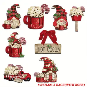 Hot Cocoa Pattern Wooden Hanging Ornament, 24pcs/set Cute Christmas Tree Truck Hot Cocoa Pattern Tree Decor, Yard Decor, Party Decor, Holiday Supplies