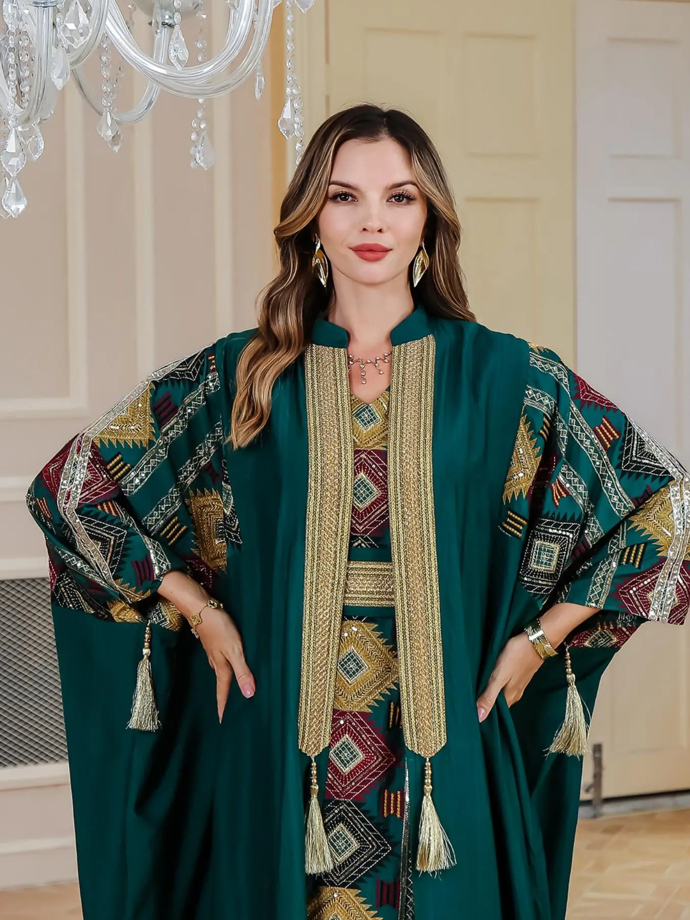 Women's Embroidery Abaya Set, Modest Long Sleeve Open Front Abaya & Dress Set, Muslim Clothing for Women