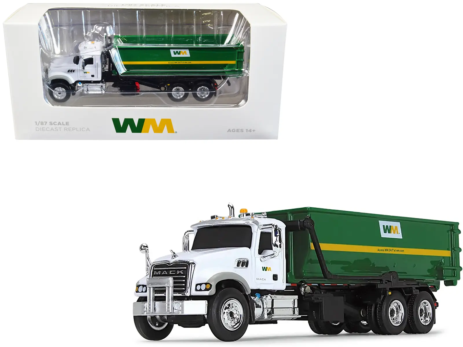 Mack Granite MP Garbage Truck w/Tub-Style Roll-Off Container Waste Management White & Green 1/87 HO Diecast Model by First Gear