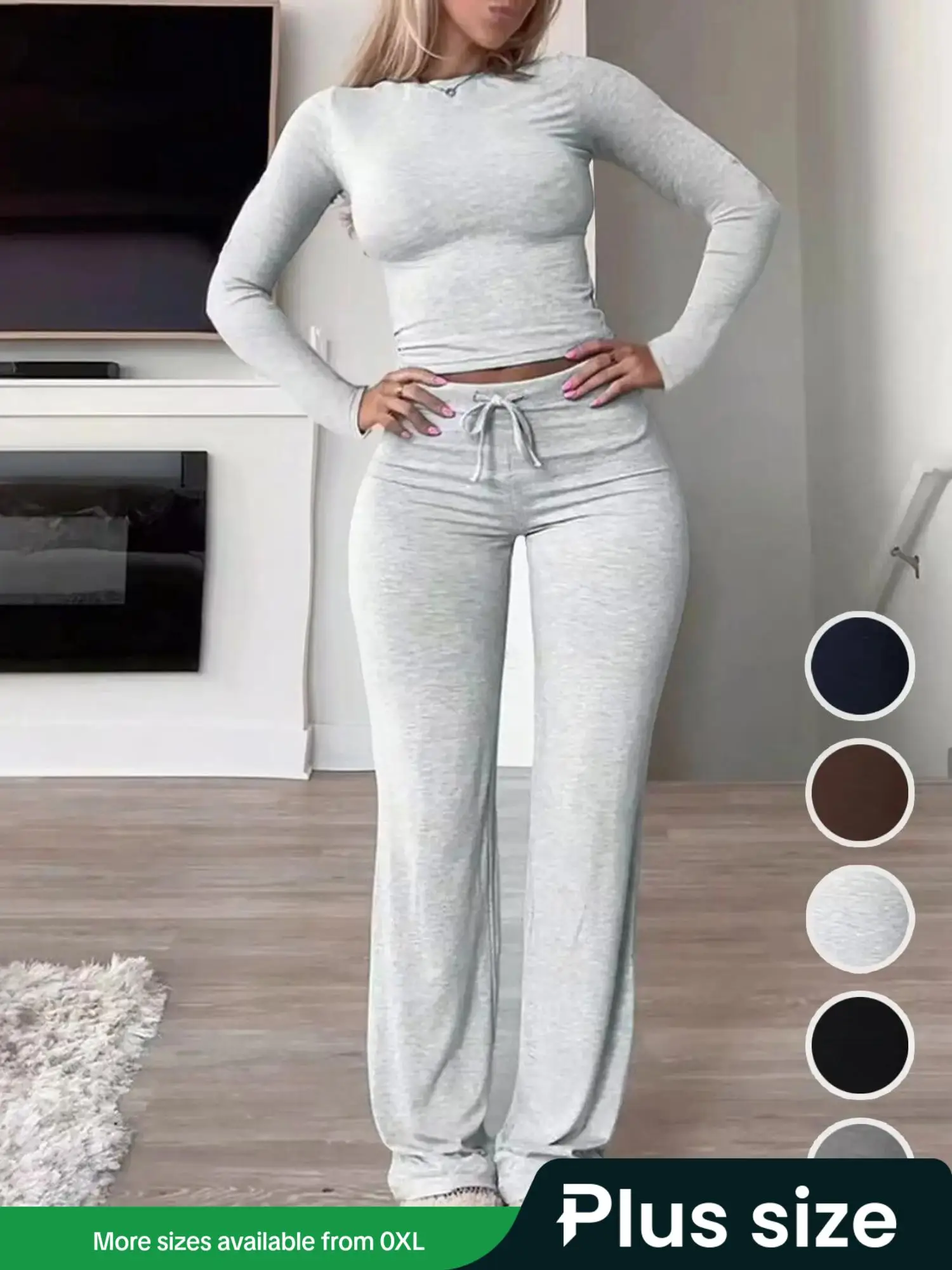 【Plus Size】 Two-piece Set Solid Round Neck Top & Pants, Casual Fashion Cozy Long Sleeve Top & Trousers for Daily Outdoor Wear Clothing, Pants Suit Set