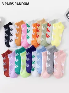 Women's Summer Thin Breathable Socks, 3 Pairs Random Candy Color Maple Leaf Short Socks, Casual Sports Daily Wear