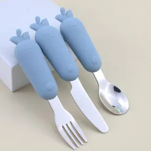 Cartoon Design Stainless Steel Cutlery Set, 3 Counts/set Including Spoon & Fork & Knife, Baby Utensils for Feeding, Ideal for Feeding Complementary Food, Silicone Utensils Set, Cutlery Utensil Sets, Utensils Included