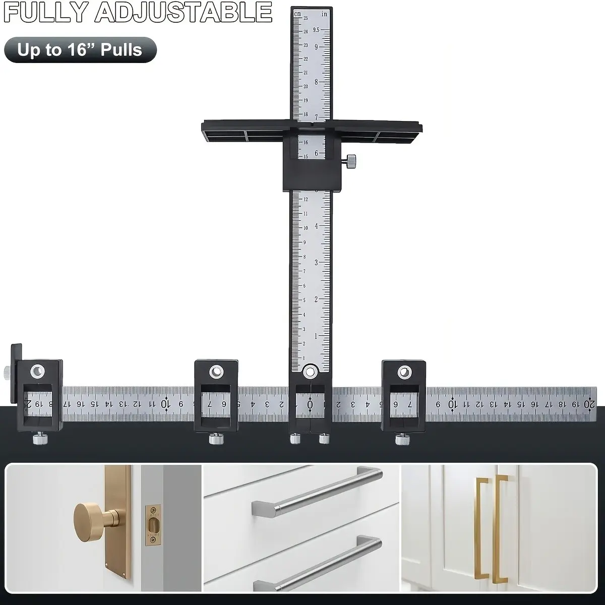 1Pc Fully Adjustable Cabinet Hardware Jig, 16" Pulls Aluminum Drill Guide Template Tool for Knobs & Handles