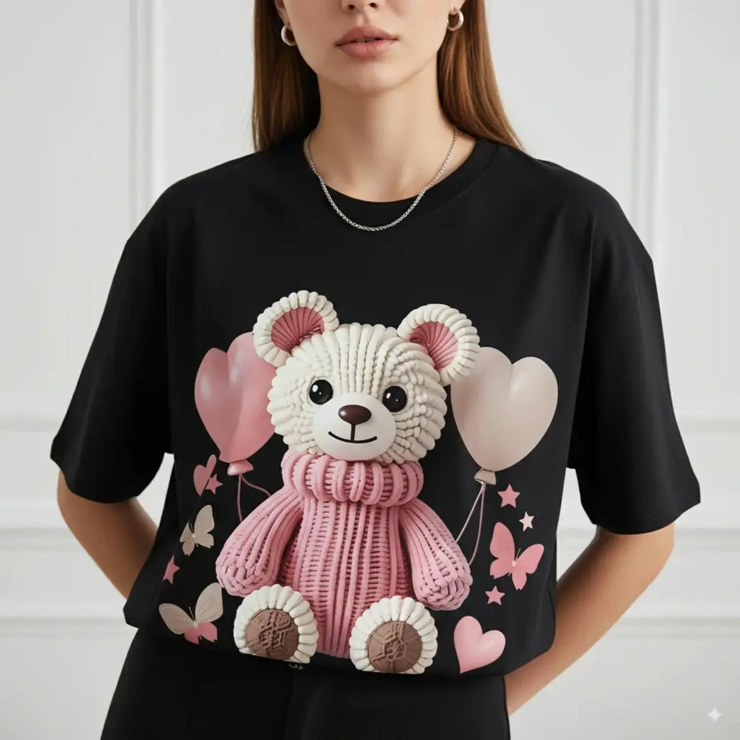 Charming Womens Short Sleeve TShirt Featuring Adorable Bear and Balloon Graphic Prints