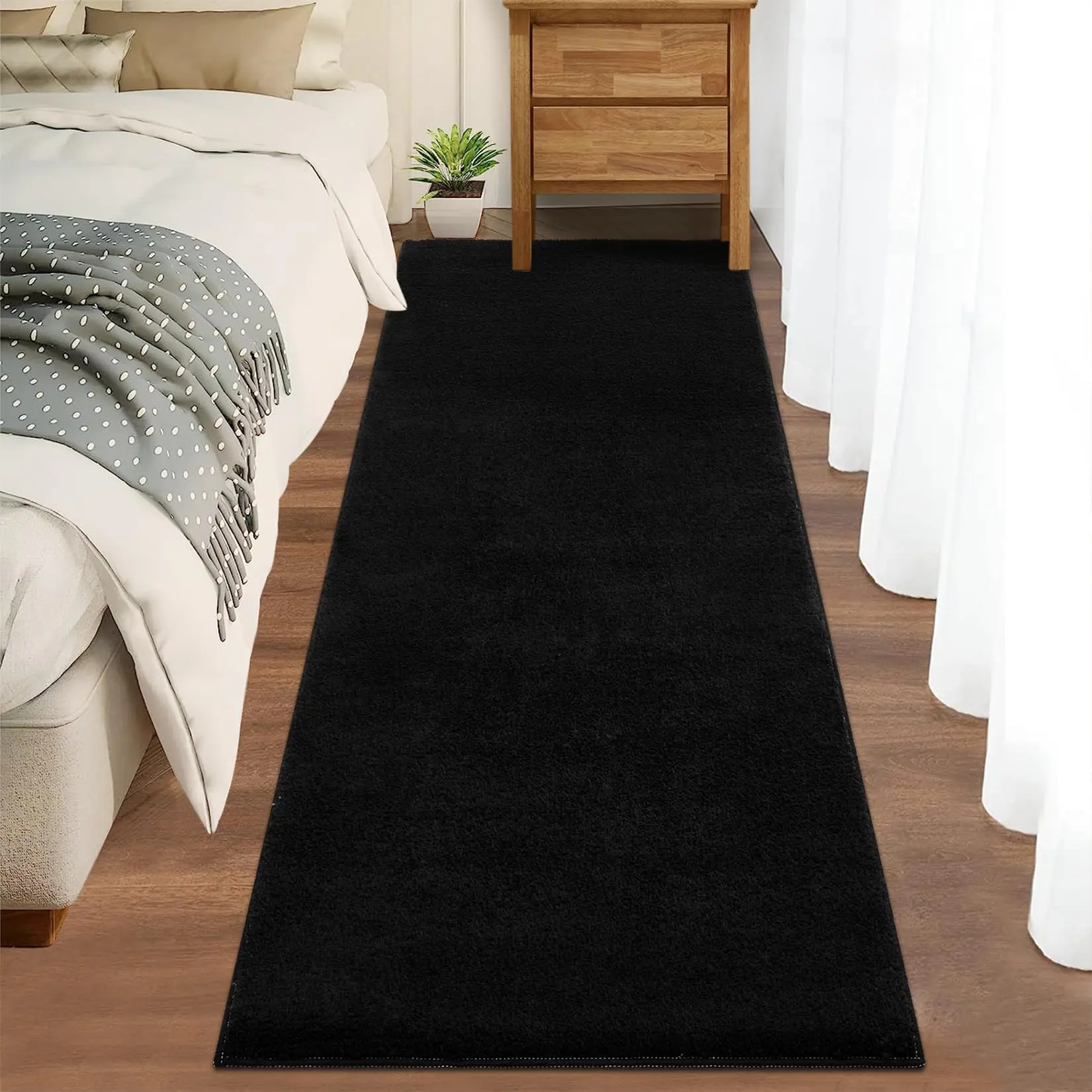 GARVEE Runner Rugs 2x6 Solid Fluffy Shag Rug,Super Soft Anti-Slip Washable Rugs, Easy Cleaning Runner Wool Carpet for Bedroom Living Room Hallway Laundry Room Nursery Entryway, Black 2x6