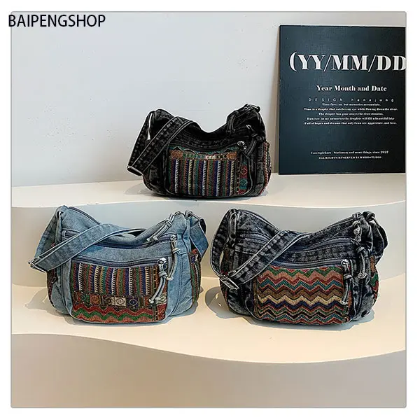 Ethnic Print Crossbody Bag for Women, Lightweight Handcrafted Denim Purse with Multiple Zipper Pockets and Adjustable Strap, Crossbody Bags For Women, Boho Bag, Aesthetic Shoulder Handbag
