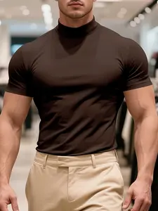 Mens Solid Color Mock Neck Short Sleeve | Slim Fit Business Casual T Shirt | Versatile Gym & Daily Wear