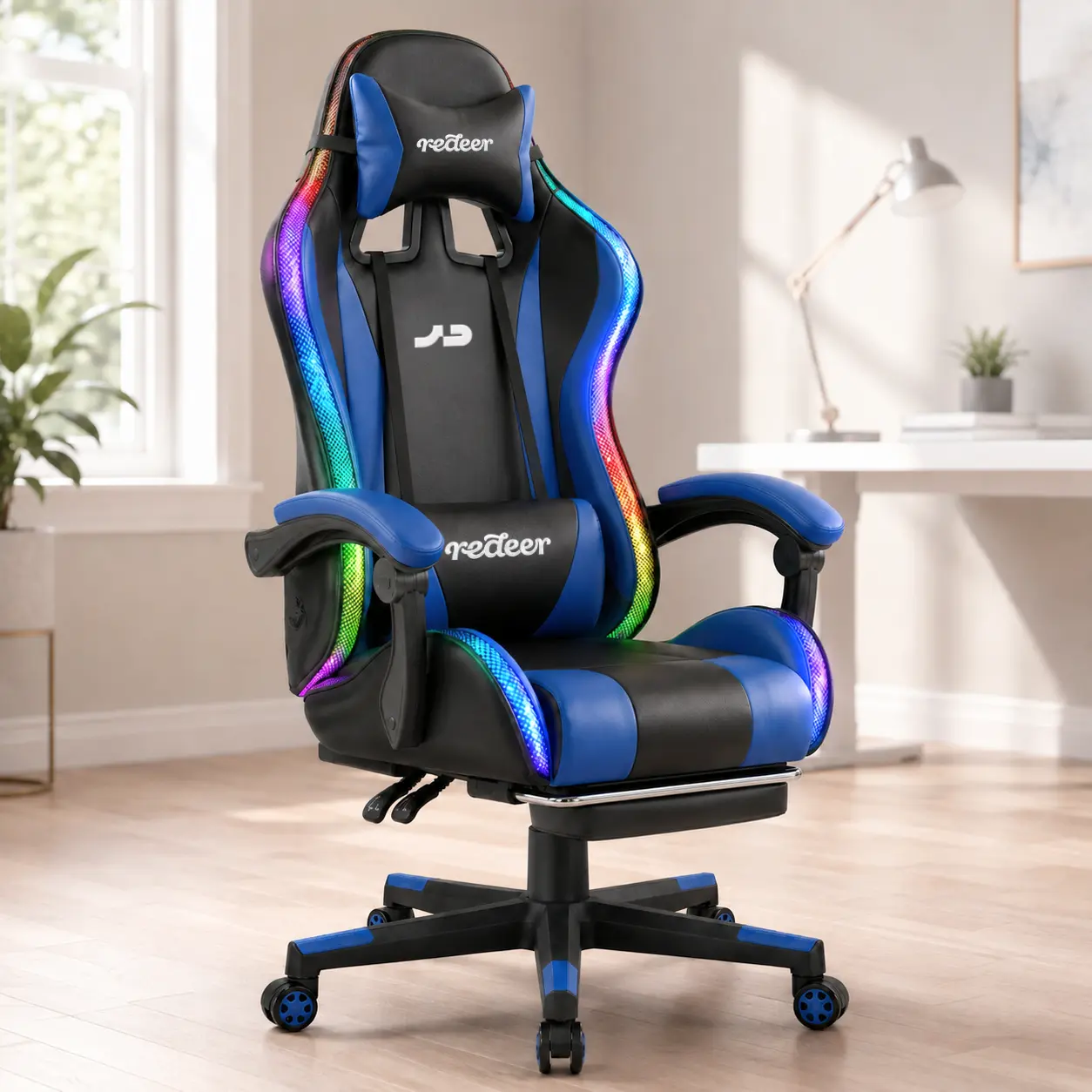 Redeer Ergonomic 400 lbs Capacity RGB Lighting PU Leather Gaming Chair, High Back Perforated Reclining Swivel Computer Seat with Footrest, Lumbar Cushion, Headrest, Adjustable Arms, Assembly Required, 1×Installation Manual, Portable Outdoor Lawn Option Er