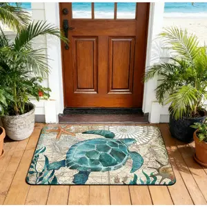 Sea Turtle Door Mat Ocean Nautical Non Slip Welcome Mat Front Door Bathroom Rug Vintage Map Starfish Floor Mat Entryway Kitchen Bedroom Coastal Home Decor Gift Durable Machine Washable Area Rug