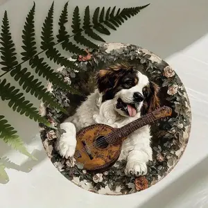 1pc Rustic Round Aluminum Wall Art Sign with Saint Bernard Dog Playing Guitar in Floral Wreath Spring Decor for Bedroom Garden Indoor Outdoor Use