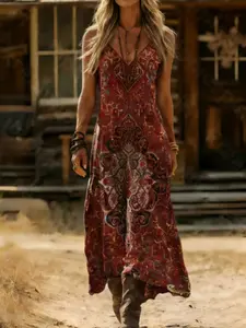 Western Plains Wine Totem Boho Halter Long Dress, Stylish Summer Fashion, Perfect for Casual, Women's Clothing, Boho Chic Dress