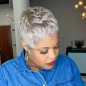 6-Inch Grey Pixie Cut Wig for Women - 150% Density Human Hair, Short Straight Layered Style, Perfect for Daily Wear, Cosplay & Parties, Hair Wig