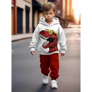 2pcs Boys' Cartoon Dinosaur Print Sweatshirt Tracksuit, Hooded Sweatshirt + Jogger Pants Sportswear Gift.Comfortable Fabric, Spring and Autumn Season, 2pcs Sportswear Set.Suitable for Outdoor, Perfect for Outdoor