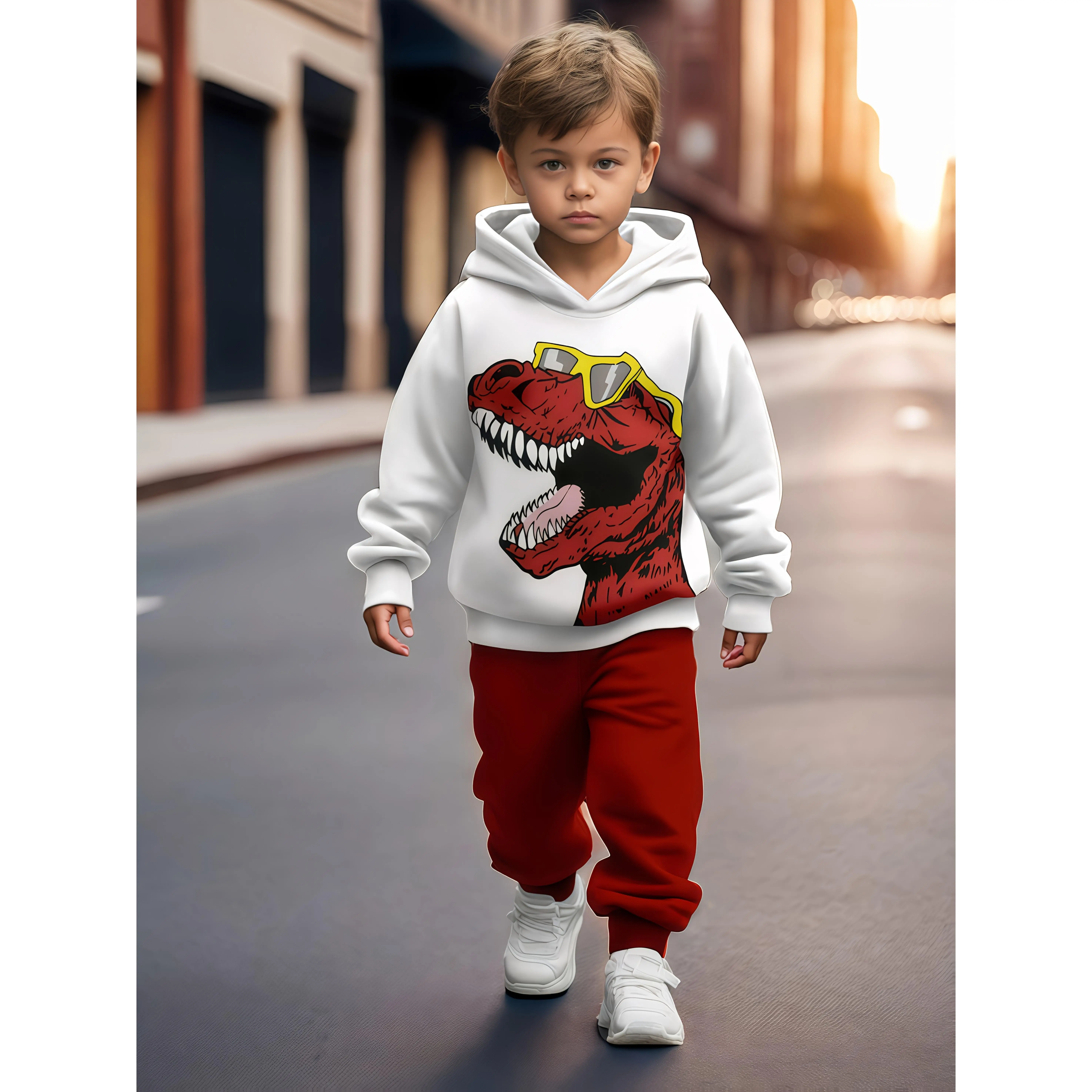 Kids' 2-Piece Casual Outfit, Graphic Long Sleeve Pullover Hoodie and Jogger Pants with Slight Stretch, Machine Washable, Elastane, Dinosaur, 95% Polyester, 12 And Under, Boys, Knit, Print, Casual Wear, Polyester Blend, Prehistoric Fun, Graphic Print