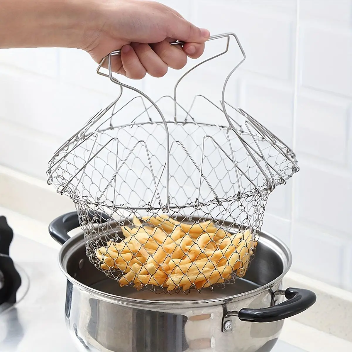1pc Stainless Steel Mesh Collapsible Frying Sieve Basket - Multifunctional Cooking Strainer, Kitchen Utensils for Home Kitchen Use