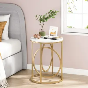 Tribesigns Modern Round End Table, 20”Sofa Side Table Cocktail Table with Unique Gold O-Shaped Base, Midcentury Accent Table Nightstand for Living Room Bedroom, Faux Marble White