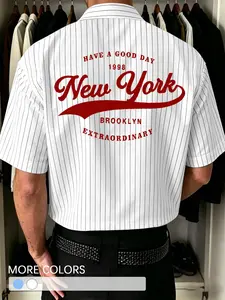 Men's New York Brooklyn Print Striped Short Sleeve Fitted Shirt, Casual Top for Streetwear