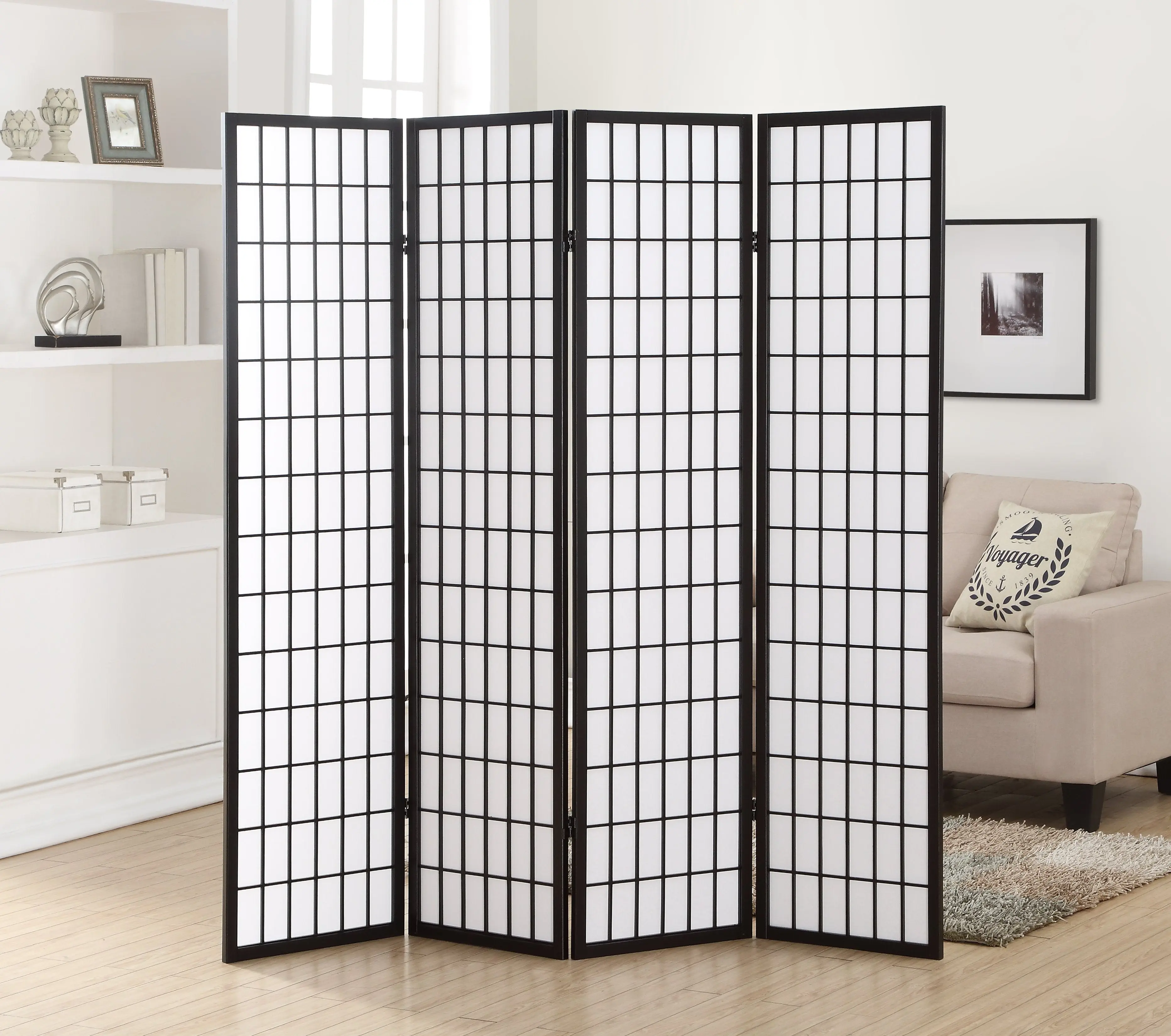 4 Panel Black Oriental Shoji Screen / Room Divider Freestanding Room Partitions Portable Wall Divider