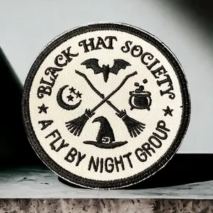 Black Hat Society Embroidered Patch - A Fly By Night Group - 4" Round Iron-On, Sew-On, or Hook Backing Witchcraft Badge