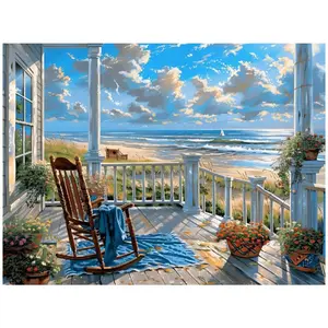 Beachfront Porch Rocking Chair Ocean View Art Painting Diamond Painting 5D DIY Diamond Painting Kit Full Drill Square Round Diamonds Embroidery Cross Stitch Art Craft Home Wall Decor Unique Art Gift For Living Room  Handmade Decorative Painting Set