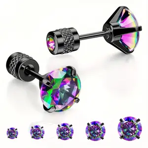 5 Pairs Titanium Screw Back Surgical Stainless Steel Earrings for Women Men,Rainbow 5A Cubic Zirconia Studs Double Side Earrings Piercing Sleeper Jewelry 3-6mm