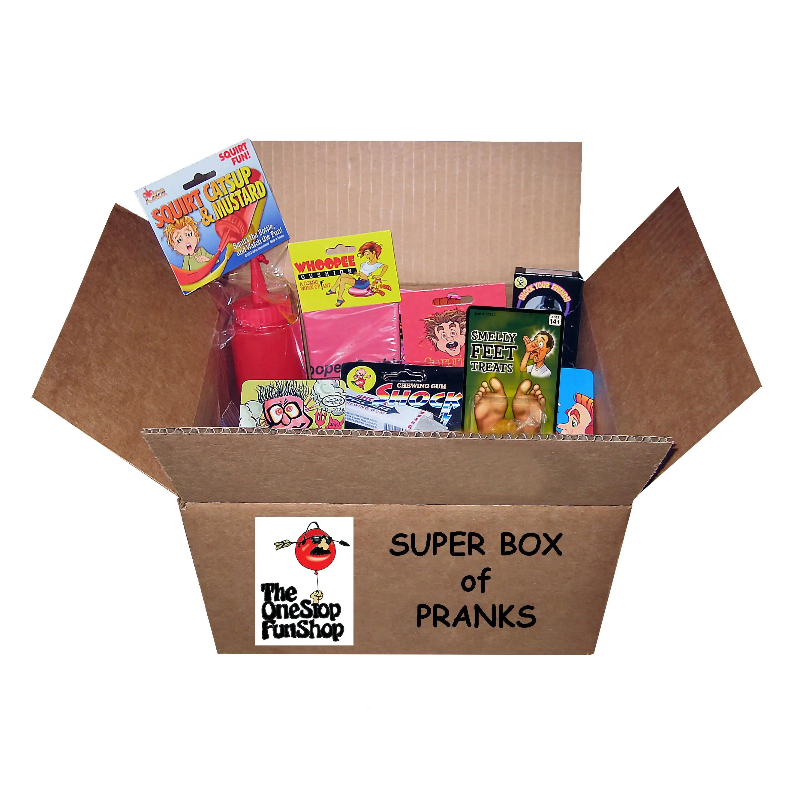 Novelty Gag Toy Prank Super Box - Assorted Pranks with Disappearing Ink, Shock Gum, Itch Powder, Fart Bombs, Bomb Bags, Hand Buzzer, 50% More Jokes, 8+ Years Age Range, Laughing Fun
