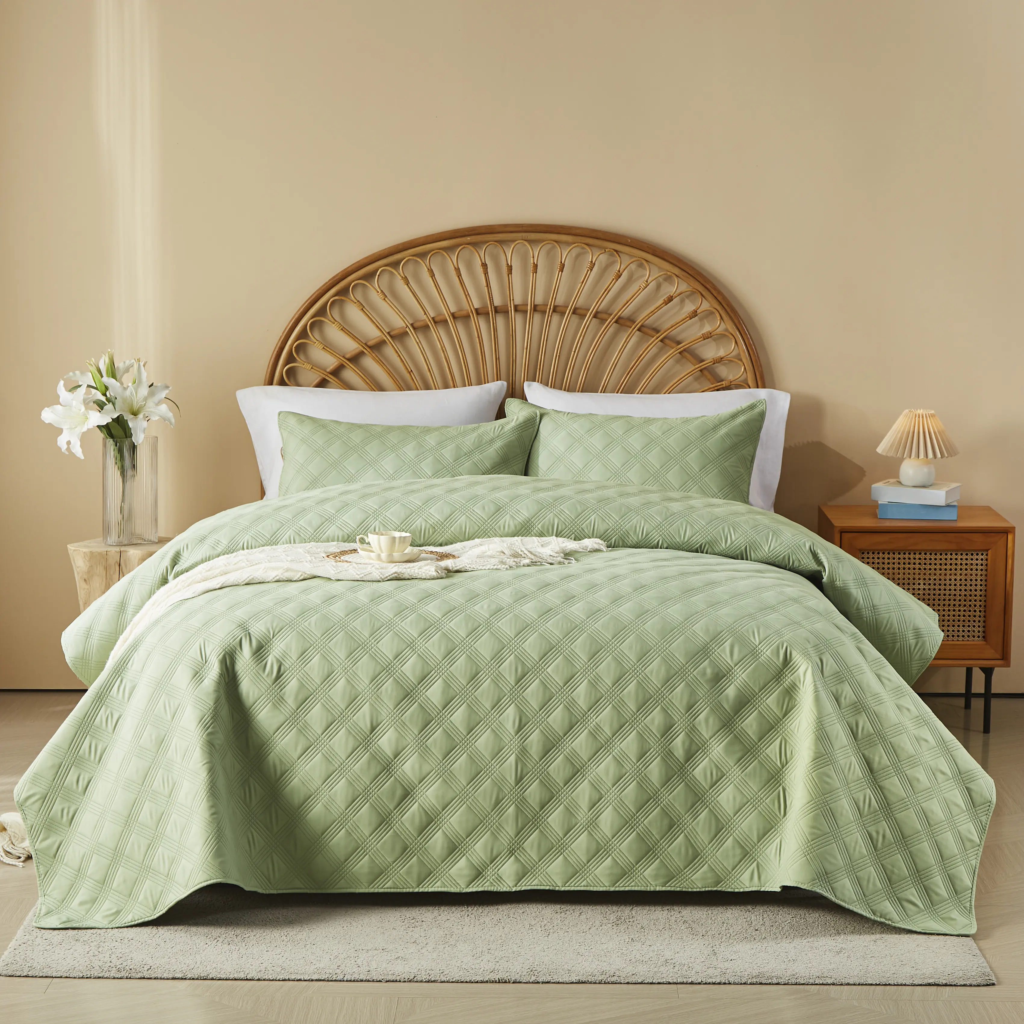 3PC Reversible Quilted Bedspread Set with Pillow Shams, Soft Microfiber Coverlet, Lightweight & All-Season Bedding