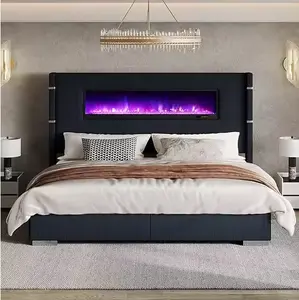Corduroy Modern King Size Bed Frame - Wingback Platform Bed Frame with 60.4" Extra Tall Headboard and Fireplace