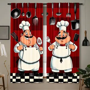 2-Piece set, fat chef cooking theme kitchen print curtains - red and black buffalo plaid plaid design, translucent rod pocket design, with chef illustrations, suitable for living room study bedroom home decoration, room decoration | joy design.