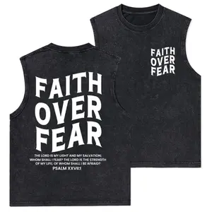 Faith Over Fear Unisex Christian Washed Tank Top, Gym Essential, Vintage Casual Crewneck Short Sleeves Menswear T-shirt Classic Cotton Fabric Streetwear