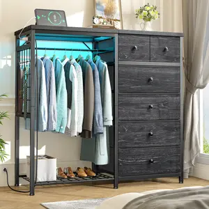 [4-in-1 Design】Raybee Dresser with Hanging Rack for Bedroom, 6 Fabric Drawer Dresser with LED Lights & Charging Station, Fabric Dressers & Chest of Drawers, Storage Organizer with Grid Panel & 4 Hooks, Wooden Top, for Living Room, Closet