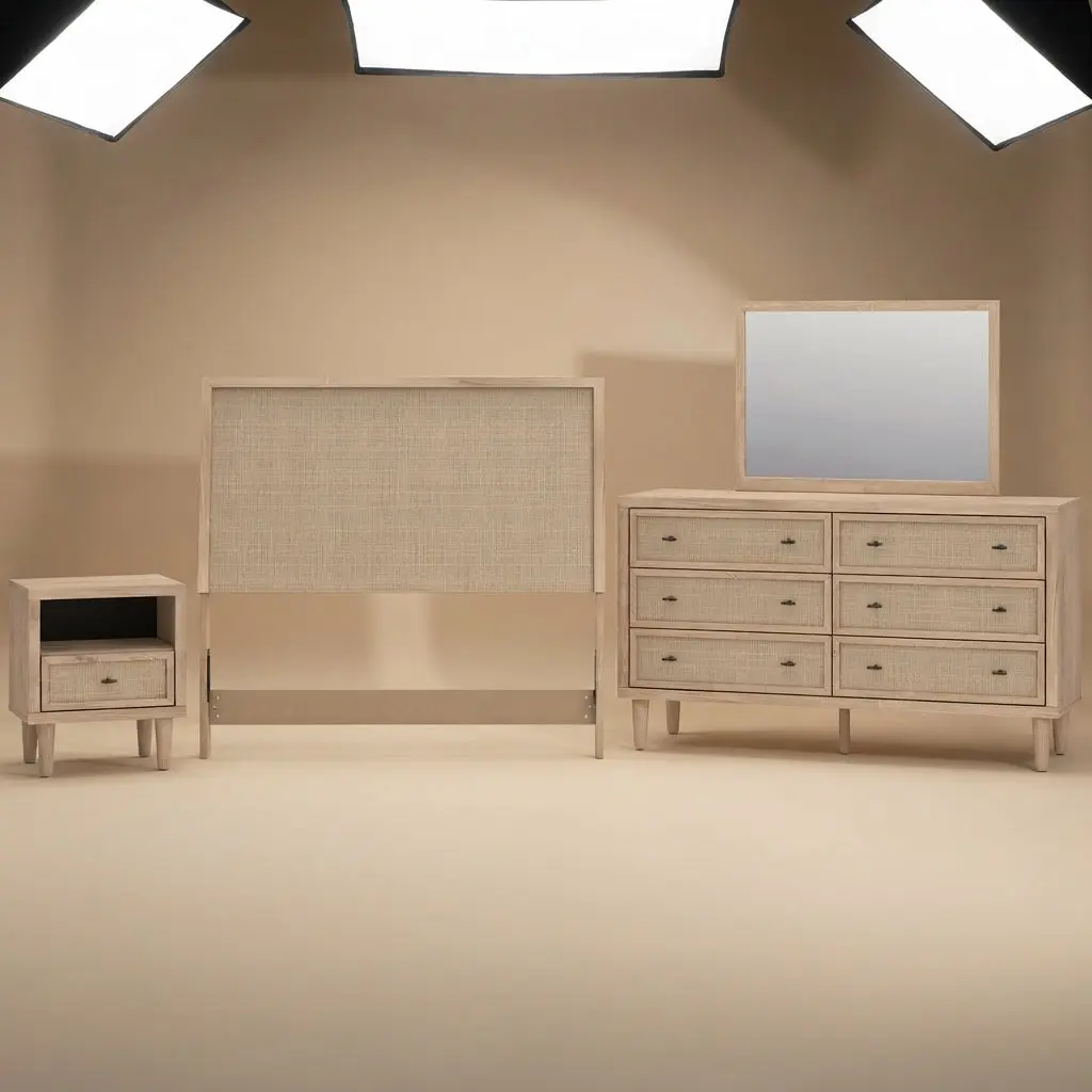 Cielden Full Upholstered Panel Bed with Mirrored Dresser and Nightstand