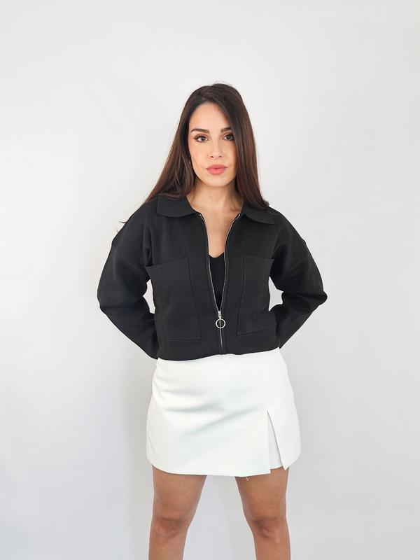 Black Cropped Jacket - Outerwear, Women's Boxy Coat with Zipper, Perfect for Layering