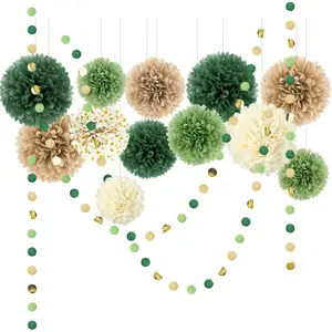 15Pcs Set Green Tissue Paper Pompoms Wedding Party Decorations Set,Dots Paper Garland String Hanging Backdrop for Engagement,Green Boho Wedding,Baby Shower, Boho Style Decoration
