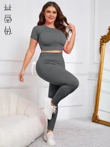 Women's Plus Size Seamless Nylon High Stretch Athletic Style Activewear Yoga Fitness Workout Sets Short Sleeve Top and Slimming Butt Lifting Running Bottoms Set