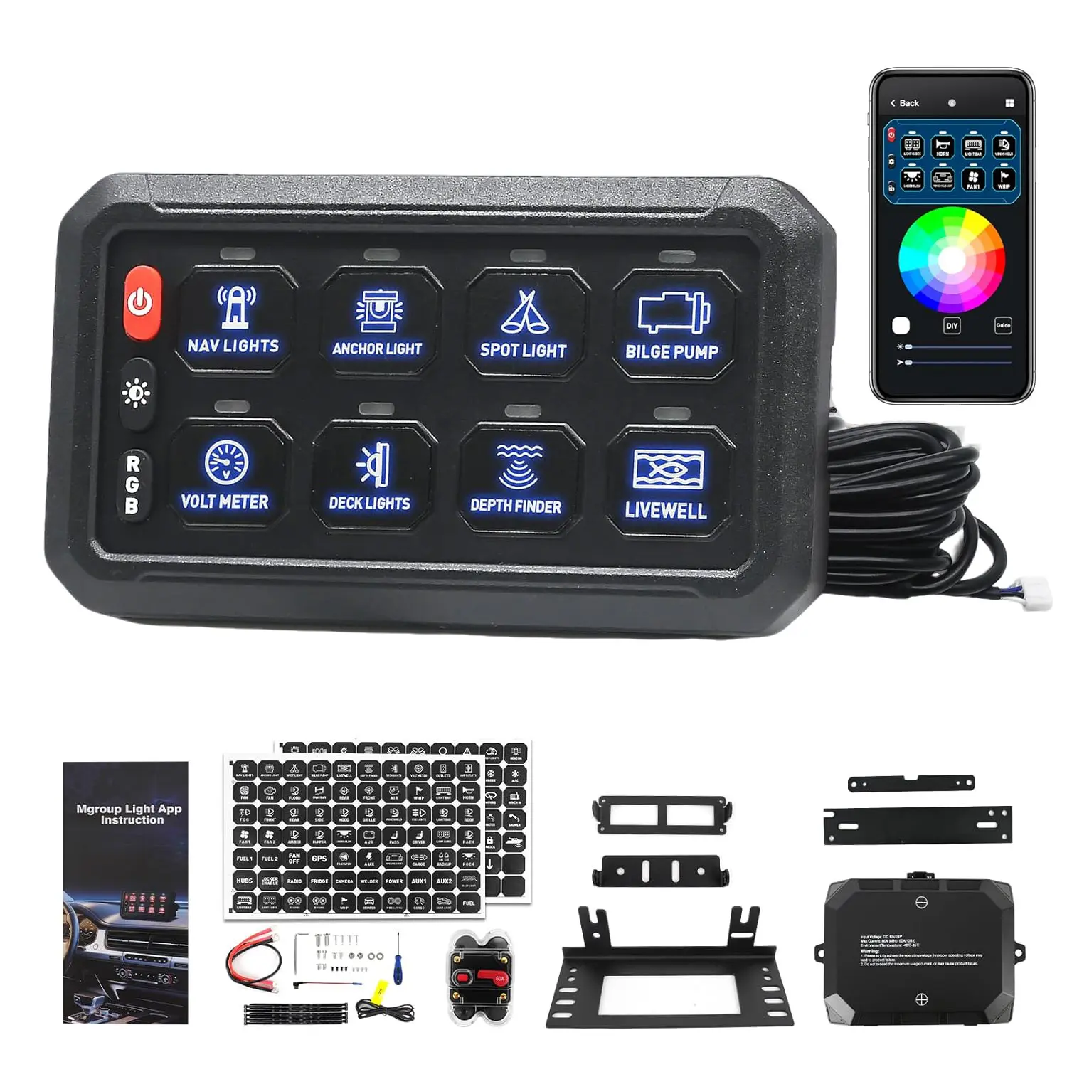 8 Gang Bluetooth RGB Switch Panel with APP Control – Toggle/Momentary/Flash/Strobe Modes, Memory Function, Waterproof Relay Box for Truck ATV SUV UTV Boat