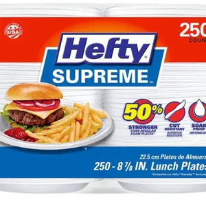 Hefty Supreme Foam Disposable Lunch Plates 8 7/8 250 ct Stronger Cut Resistant Soak Proof USA Made