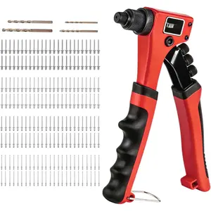 Rivet Gun One-Handed Rivet Gun Kit with 200pcs Rivets, 4pcs Tool-Free Interchangeable Heads and 4pcs Drill Bits - Heavy Duty Hand Riveter for Metal, Wood, Plastic, Leather, Fabric