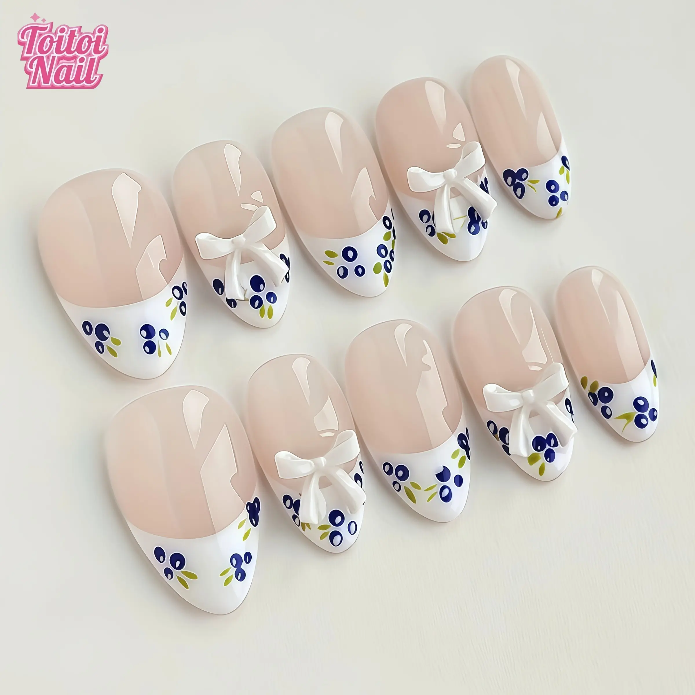 Berry Bow Handmade Press-On Nails, Medium Almond Shape, 10pcs, Fresh Sweet Berry Design, Nail Art Decoration, Handmade Press Ons, Sheer Nude Base & White French Tip & 3D Bow, Reusable DIY Nail Kit for Women, Nails for Spring, Summer