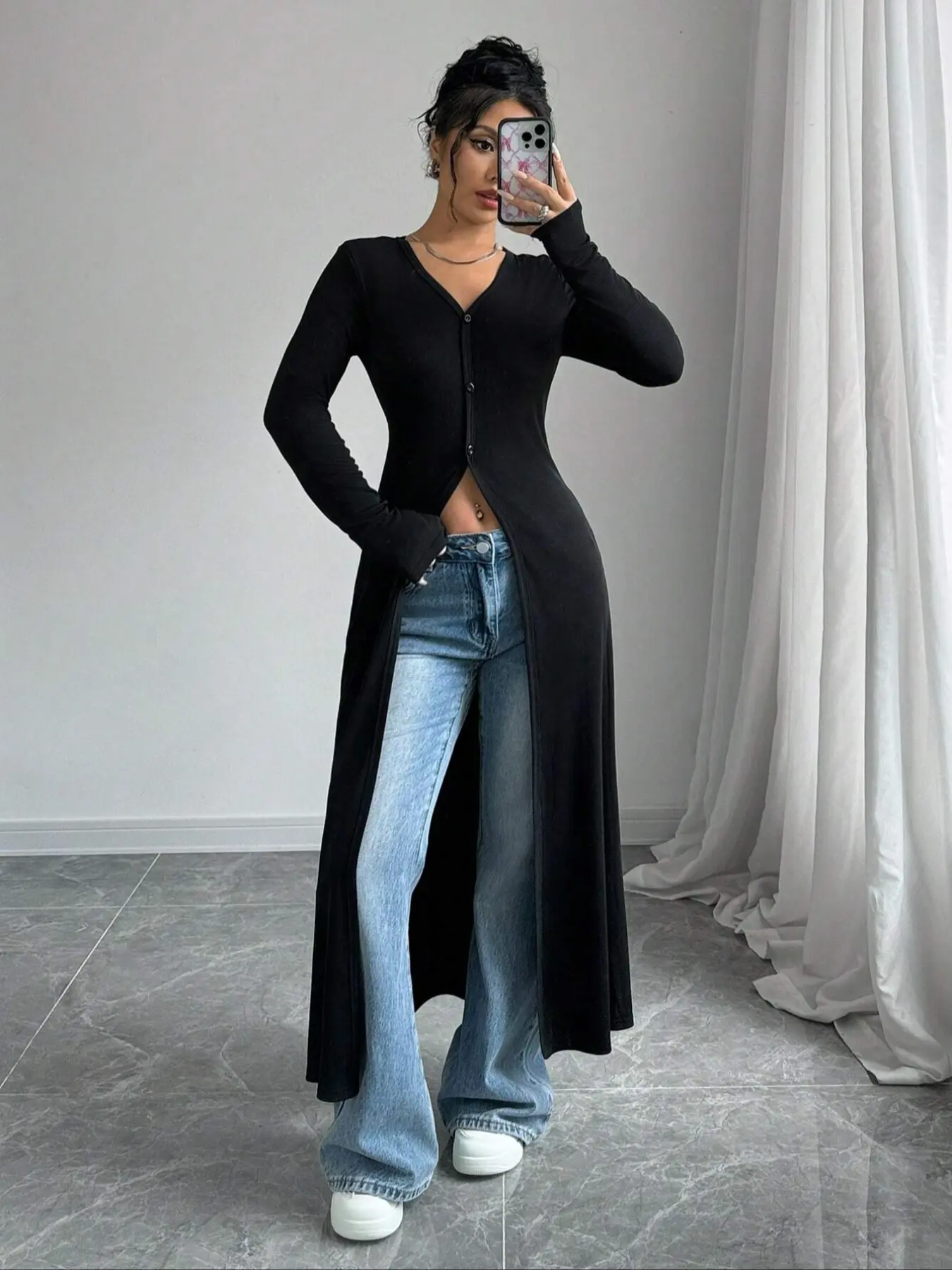 Women's Long Knit Cardigan Sweater, Long Sleeve V Neck Button Front Slim Fit Top, Elastic Drape Fabric High Waist, Casual Commute Streetwear Womenswear