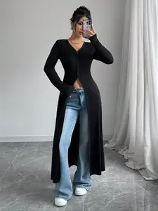 Women's Long Knit Cardigan Sweater, V Neck Button Front Slim Fit Top, Elastic Drape Fabric High Waist, Casual Commute Streetwear