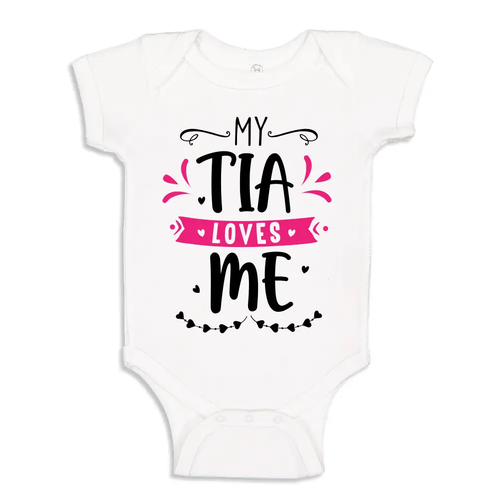 THE SHIRT DEN Baby Bodysuit & Toddler T-Shirt, "My Tia Loves Me" Graphic Crew Neck Top, Unisex 100% Cotton, Gift for Auntie, Snap Button Closure, Creeper, 3T, 4T